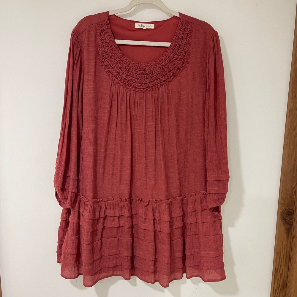 Indigo Soul Tunic Dress Womens 2XL Rust Red Crochet Ruffle Boho Slub Mini Lined